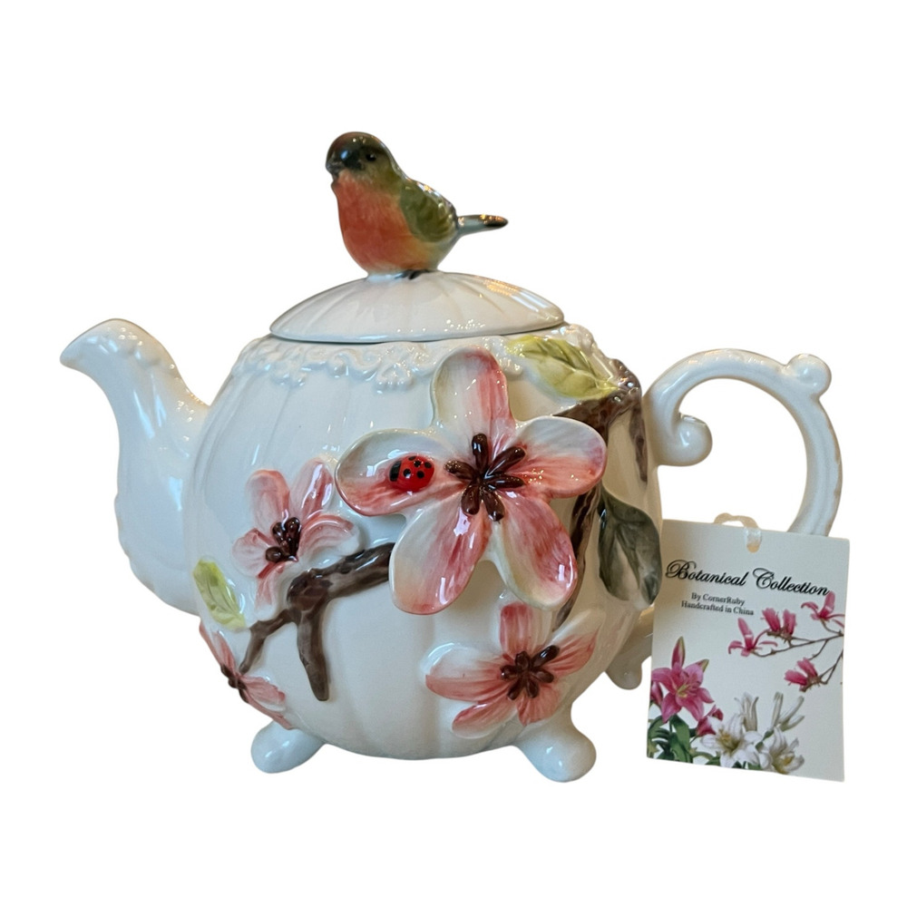 Corner Ruby Botanical Collection 3D Floral Birds Ceramic Lidded Teapot New